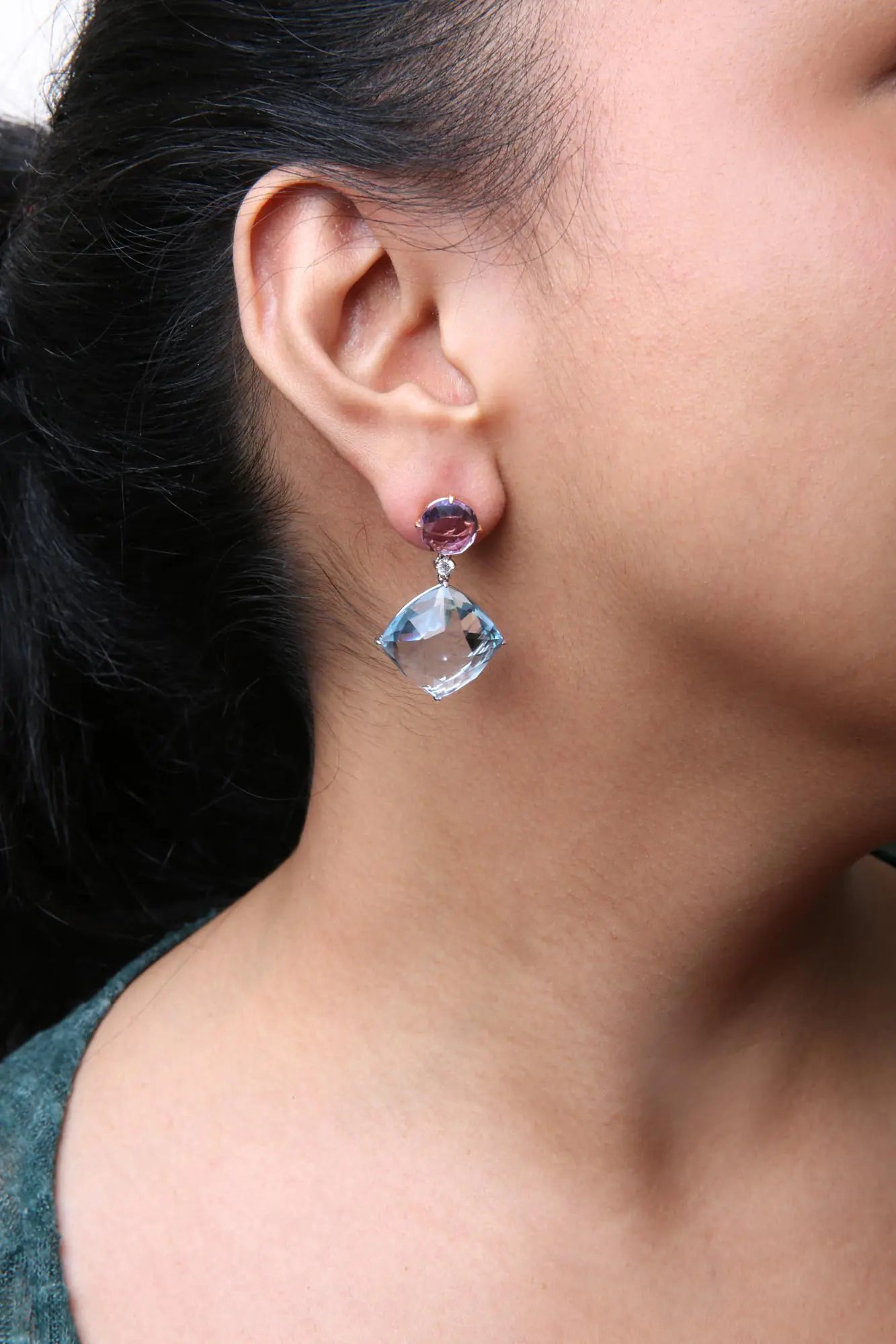 18K White and Rose Gold 1/5 Cttw Diamond with Round Pink Rose De France Amethyst and 25mm Cushion Cut Sky Blue Topaz Gemstone Dangle Earring (G-H Color, SI1-SI2 Clarity) WEM Support (www.WEM.support)