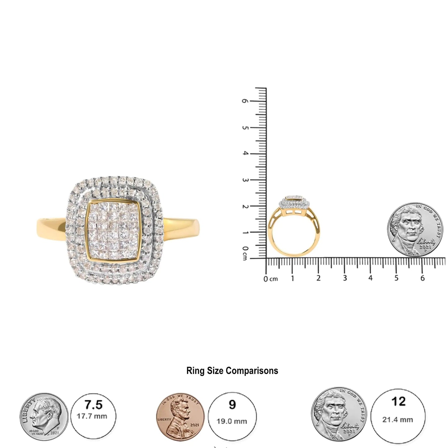 10K Yellow Gold 1/2 cttw Round and Princess Diamond Composite Head and Halo Ring (H-I Color, SI1-SI2 Clarity) WEM Support (www.WEM.support)