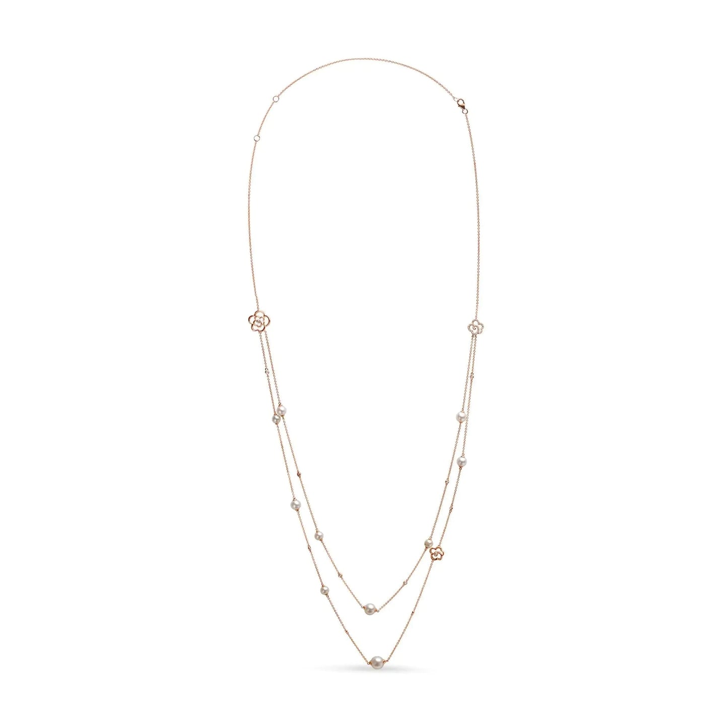 18K Rose Gold 1/2 Cttw Diamond and Freshwater Pearl Double Strand Station Necklace  (G-H Color, SI1-SI2 Clarity) - Adjustable up to 16" to 20" WEM Support (www.WEM.support)