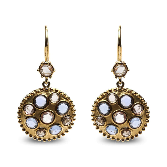 18K Yellow Gold 1 2/3 Cttw Diamond and Blue Sapphire Bezel Set Gemstone Cluster Medallion Dangle Earrings (Brown and G-H Color, SI1-SI2 Clarity) WEM Support (www.WEM.support)