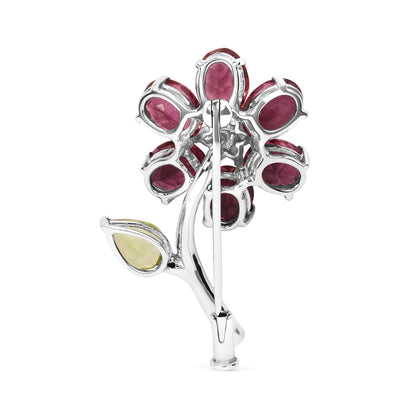 18K White Gold 1/3 Cttw Diamond, Pink Tourmaline, and Green Peridot Flower and Leaf Tulip Brooch Pin (H-I Color, VS2-SI1) WEM Support (www.WEM.support)