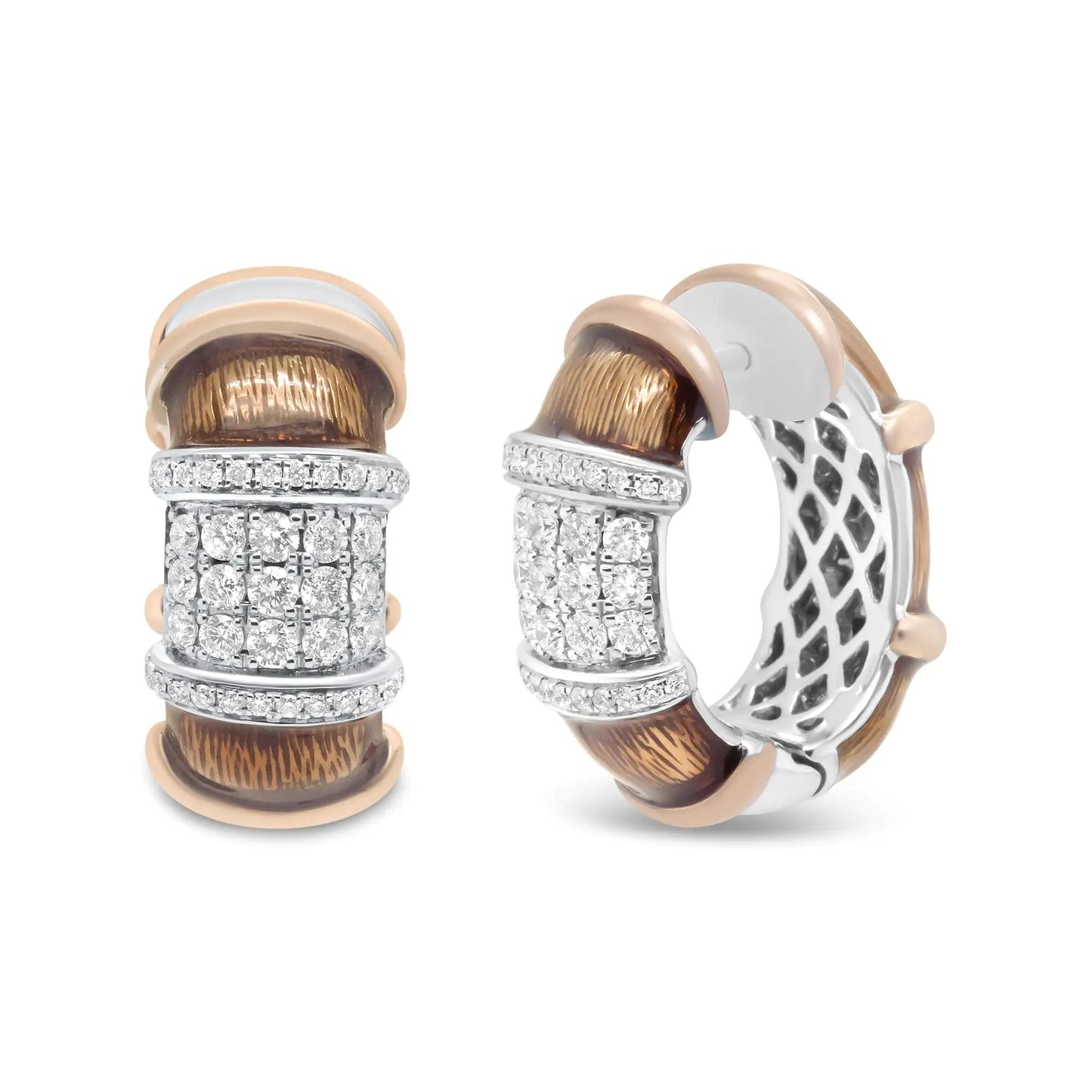 18K White and Rose Gold Flash Plated .925 Sterling Silver Clear Brown Enamel 1/6 Cttw Round Diamond Huggie Hoop Earrings (F-G Color, VS1-VS2 Clarity) WEM Support (www.WEM.support)