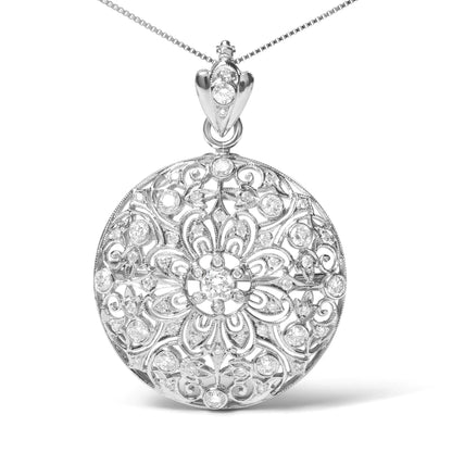 18K White Gold 1 5/6 Cttw Diamond Cluster Floral Filigree Brooch Pin and 18" Pendant Necklace (G-H Color, I1-I2 Clarity) WEM Support (www.WEM.support)