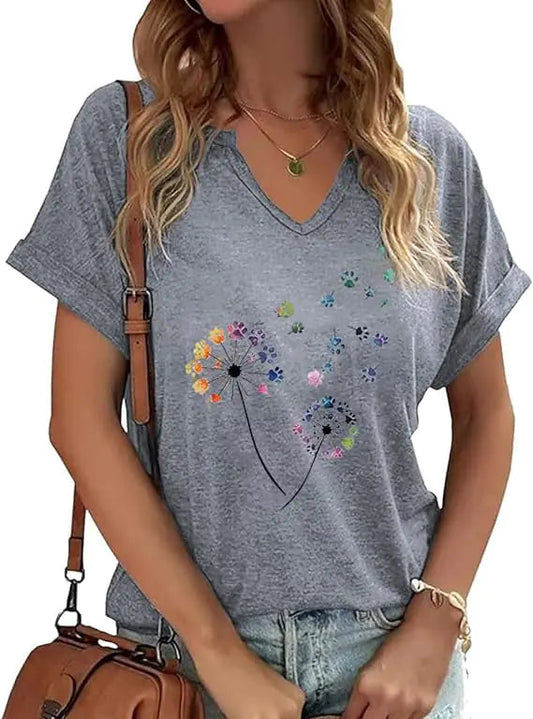 Women's Floral T-Shirts V-Neck Dandelion Sun Flower Graphic Casual Tee Boho Tops Cute Wildflowers Shirts Sec01gr X-Large WEM Support (www.WEM.support)
