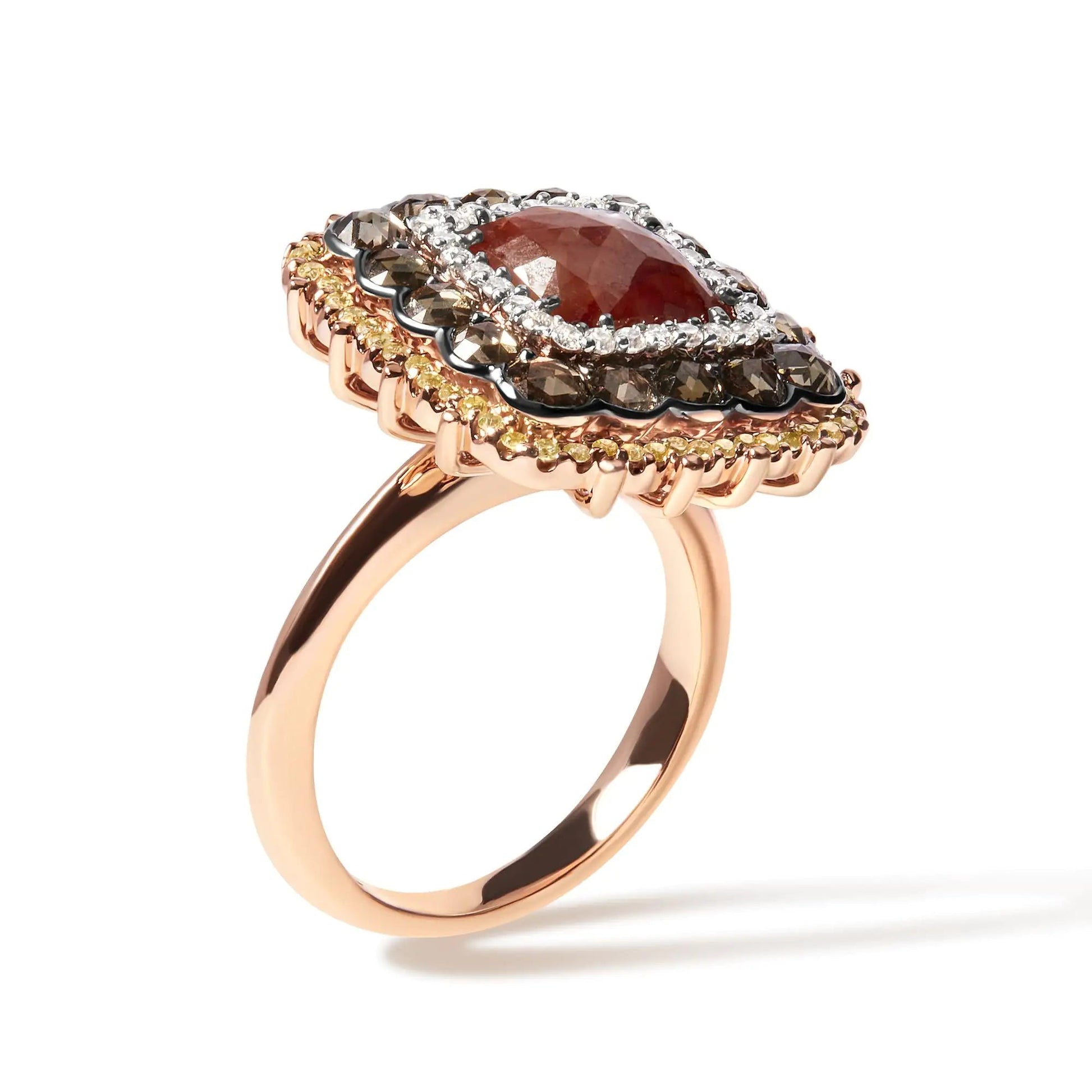 14K Rose Gold 4 1/3 Cttw Fancy Color Rose Cut Diamond Triple Halo Cocktail Ring (Fancy Color, I1-I2 Clarity) - Size 7 WEM Support (www.WEM.support)