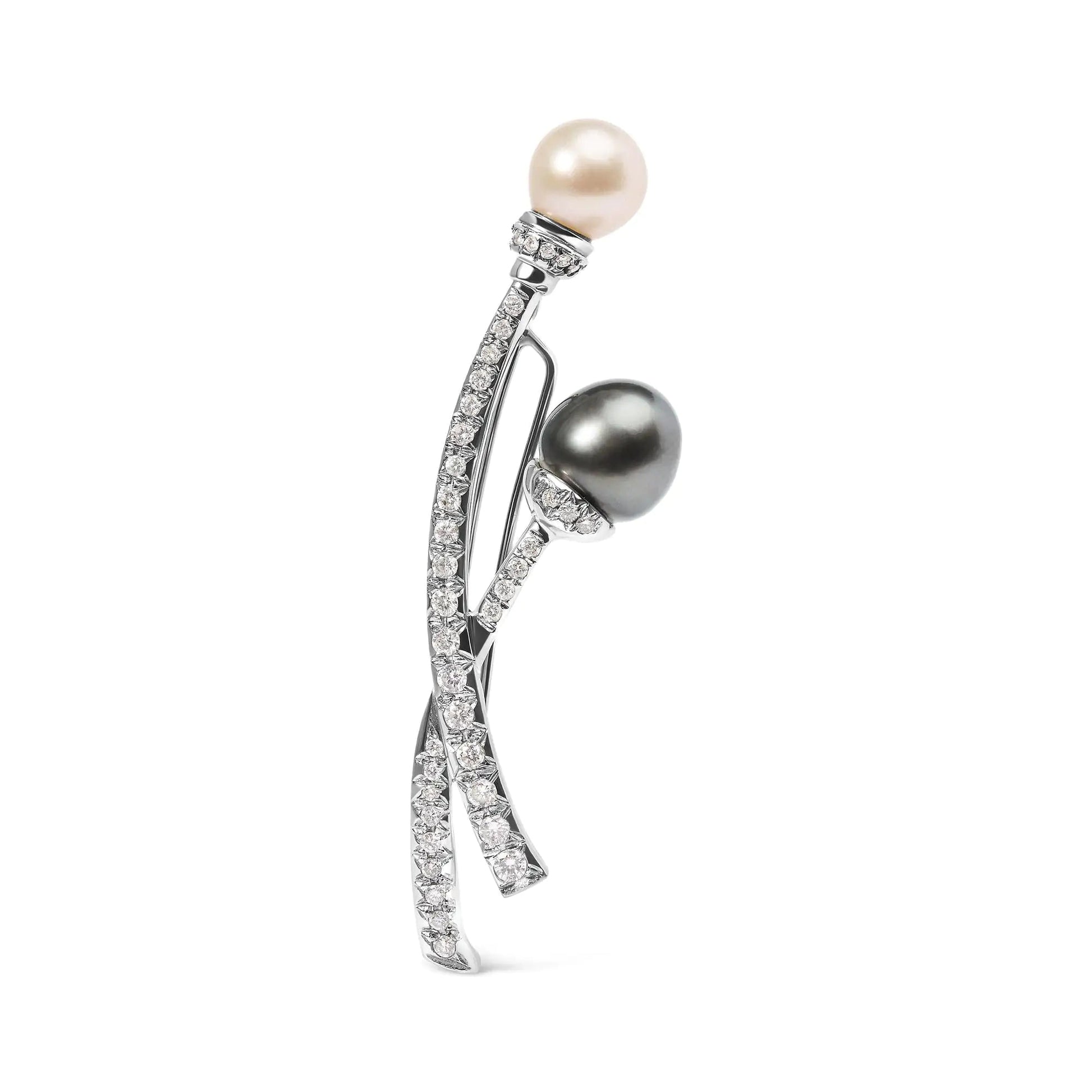 18K White Gold 3/5 Cttw Diamond and Cultured South Sea Black and White Pearl Brooch Pin (H-I Color, VS1-VS2 Clarity) WEM Support (www.WEM.support)