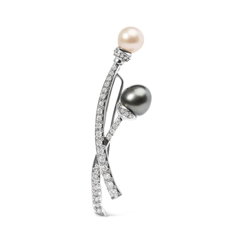 18K White Gold 3/5 Cttw Diamond and Cultured South Sea Black and White Pearl Brooch Pin (H-I Color, VS1-VS2 Clarity) WEM Support (www.WEM.support)
