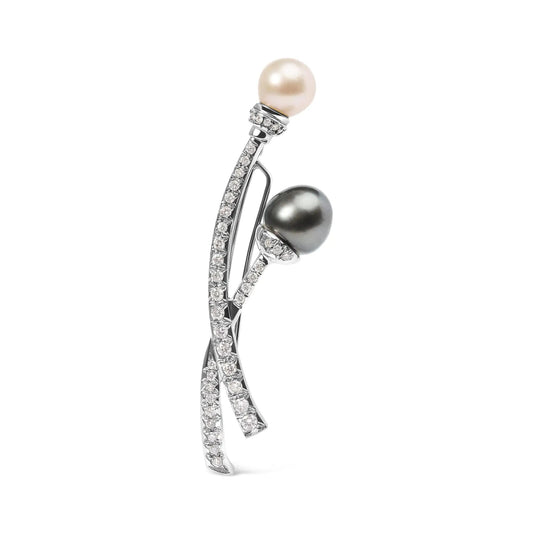 18K White Gold 3/5 Cttw Diamond and Cultured South Sea Black and White Pearl Brooch Pin (H-I Color, VS1-VS2 Clarity) WEM Support (www.WEM.support)