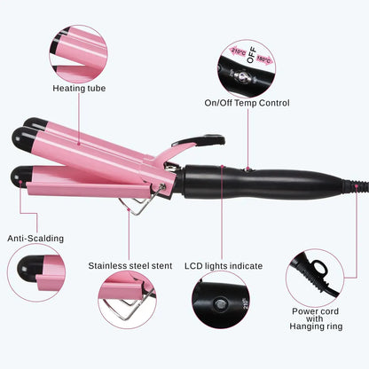 3 Barrel Curling Iron Hair Crimper, TOP4EVER 25mm（1 inch ） Professional Hair Curling Wand with Two Temperature Control,Fast Heating Portable Crimpers for Waving Hair (Pink) My Store