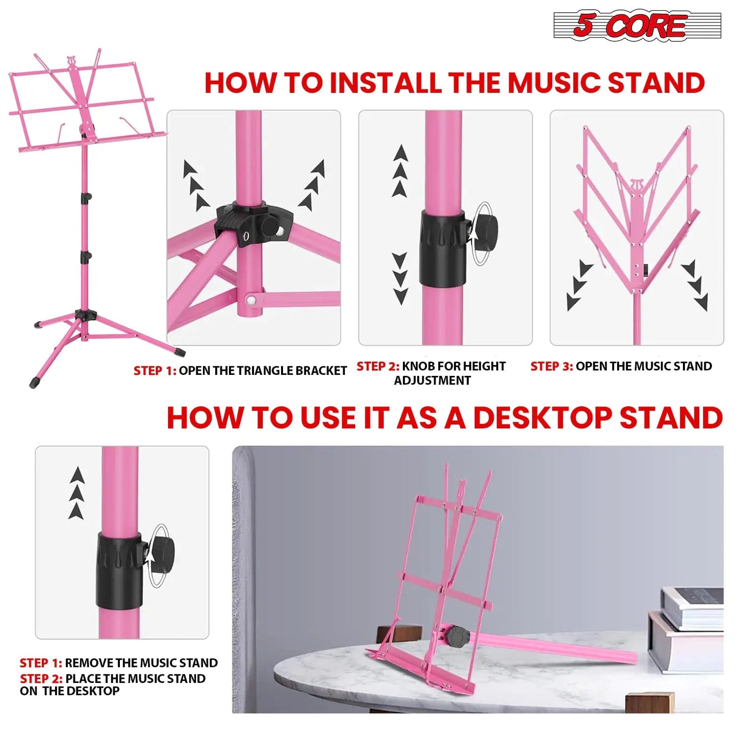 Suporte de Música 5Core para Partituras, Portátil com Tripé Ajustável e Dobrável, Suporte para Notas na Cor ROSA WEM Support (www.WEM.support)