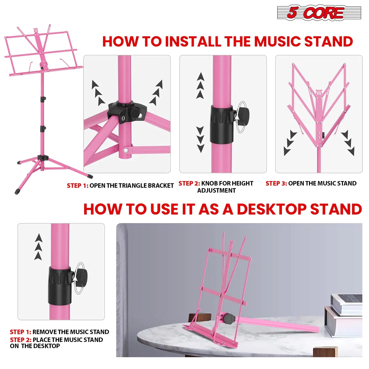 Suporte de Música 5Core para Partituras, Portátil com Tripé Ajustável e Dobrável, Suporte para Notas na Cor ROSA WEM Support (www.WEM.support)