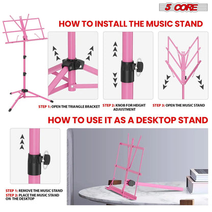 Suporte de Música 5Core para Partituras, Portátil com Tripé Ajustável e Dobrável, Suporte para Notas na Cor ROSA WEM Support (www.WEM.support)