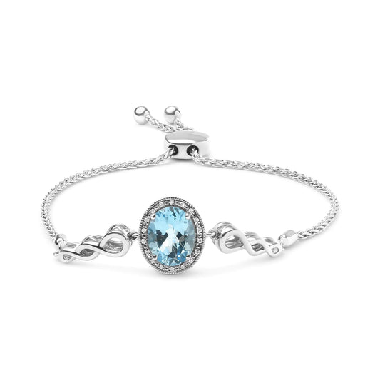.925 Sterling Silver 10x8mm Oval Blue Topaz and Diamond Accent Lariat 4”-10” Adjustable Bolo Bracelet (H-I Color, SI1-SI2 Clarity) WEM Support (www.WEM.support)