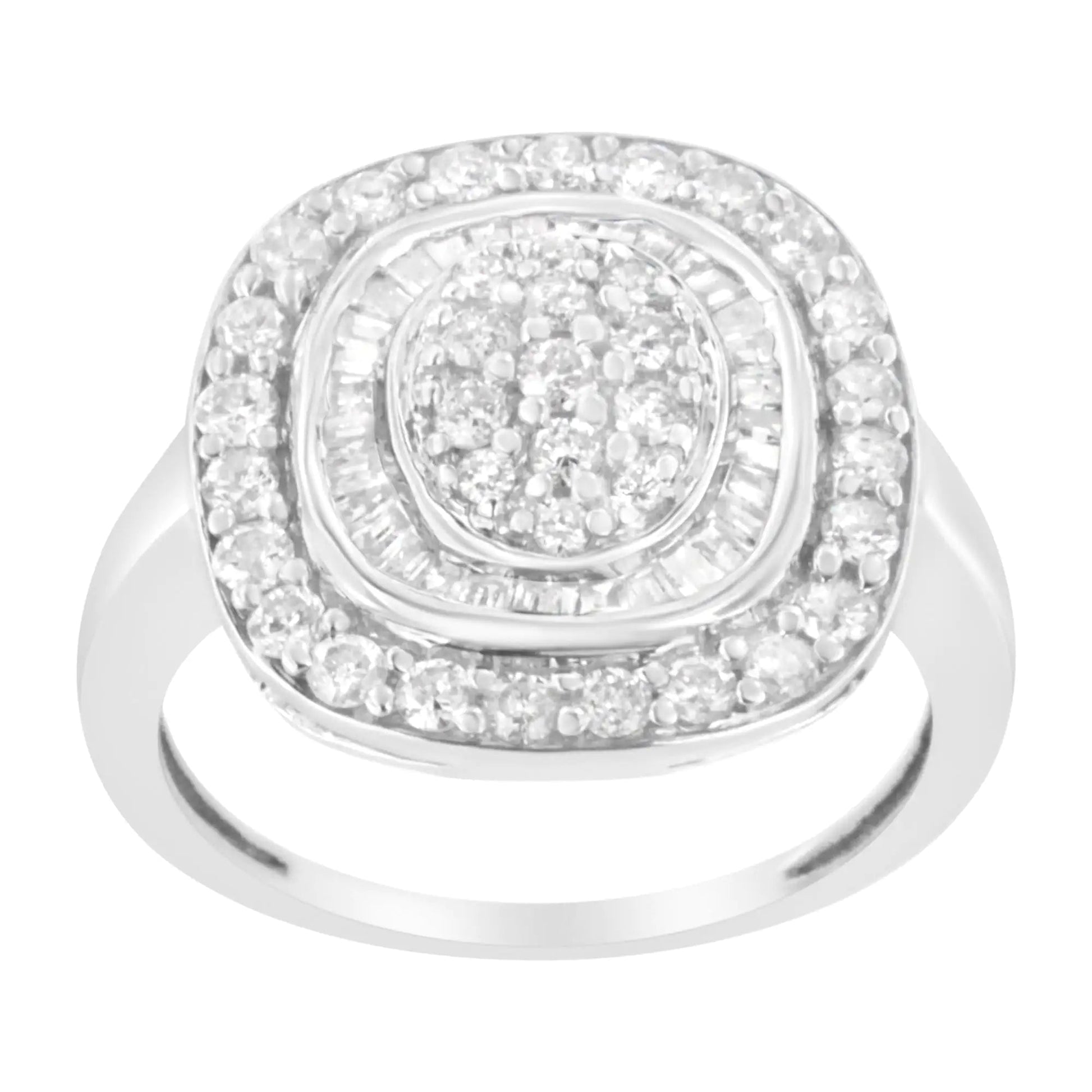 .925 Sterling Silver 1cttw Round and Baguette-Cut Diamond Square Cocktail Ring (I2-I3 Clarity, H-I Color) WEM Support (www.WEM.support)