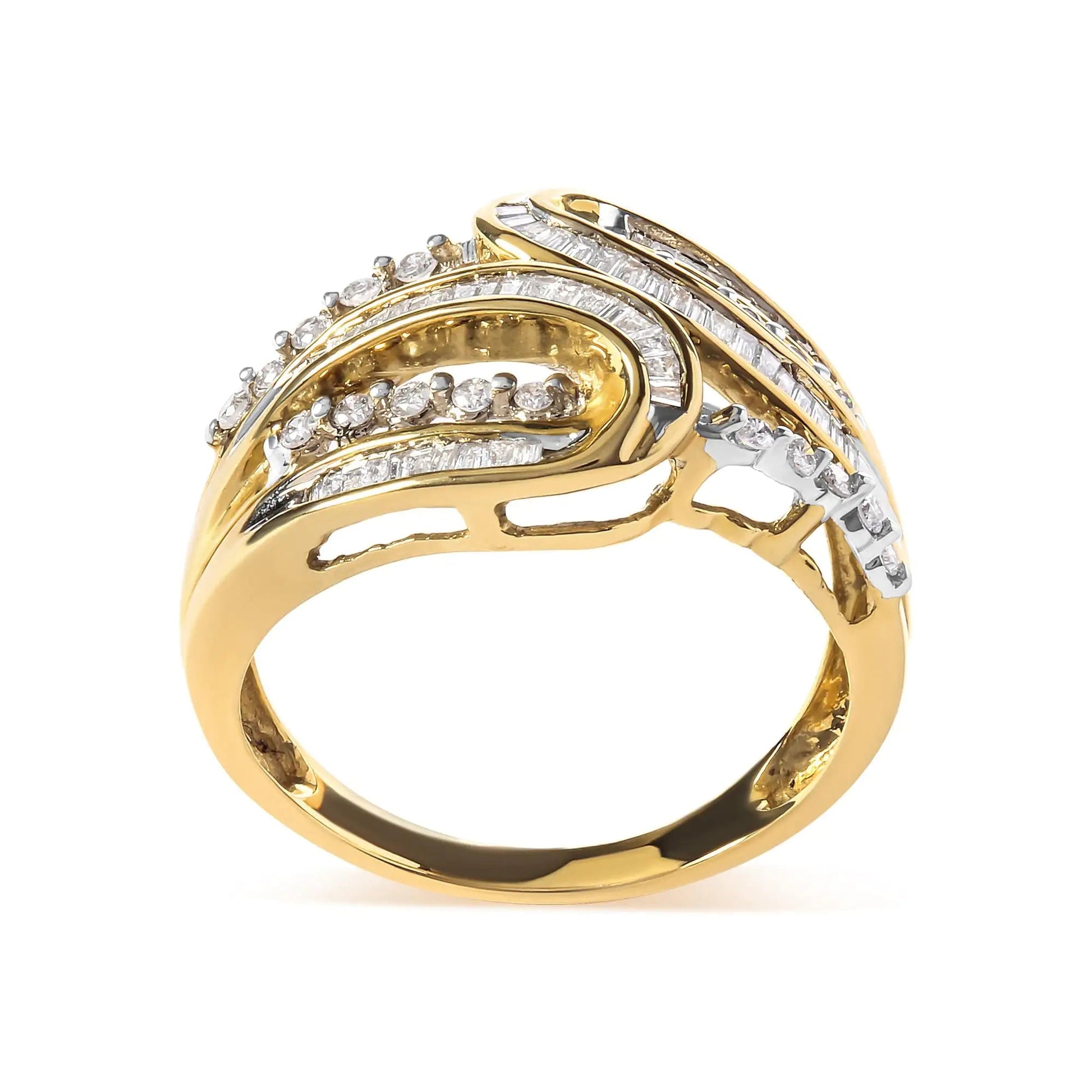 10K Yellow Gold 1/2 Cttw Round and Baguette cut Diamond Open Space Bypass Ring (H-I Color, SI2-I1 Clarity) WEM Support (www.WEM.support)
