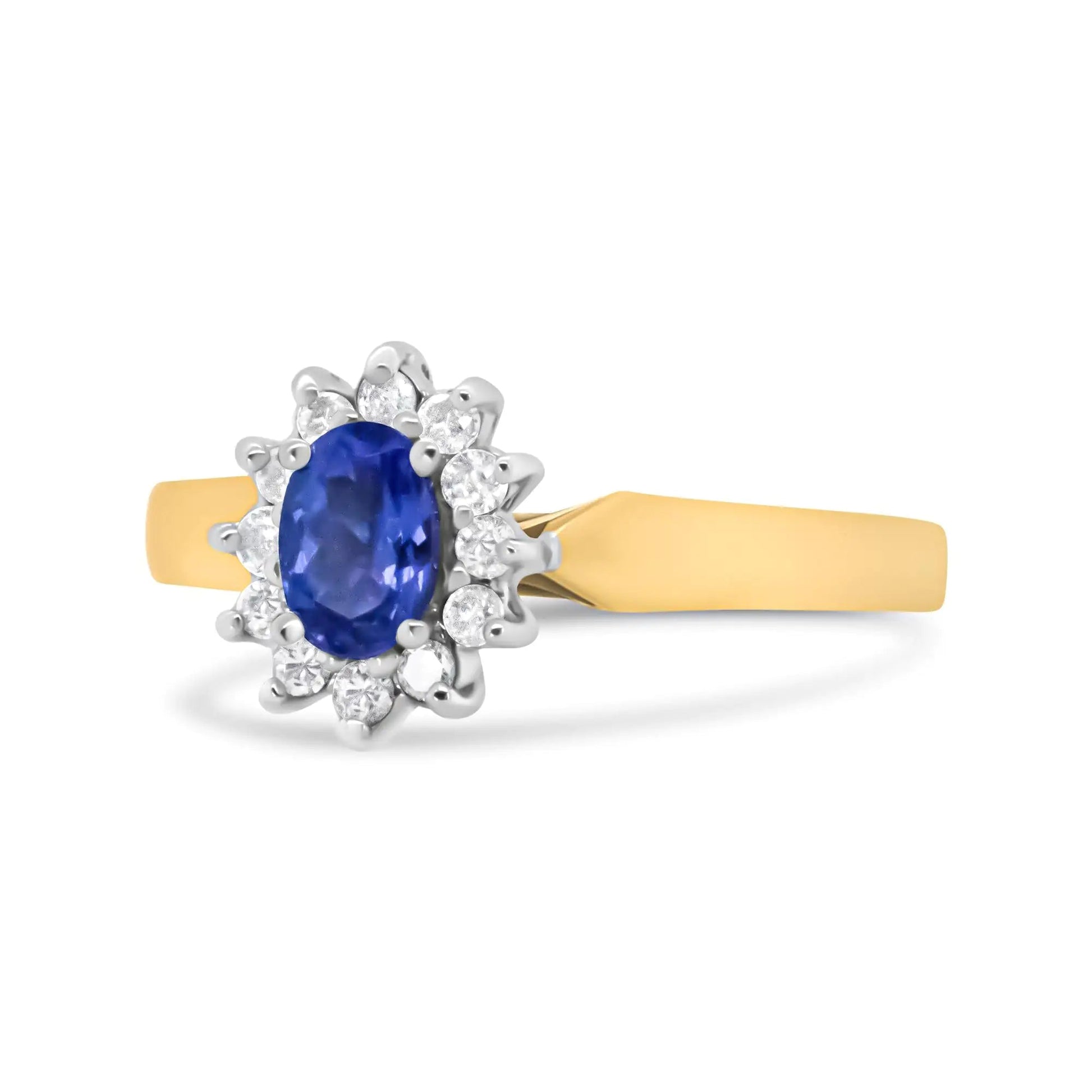 14K Yellow Gold 1/5 Cttw Round Diamond and 6x4mm Oval Blue Tanzanite Halo Ring (H-I Color, I1-I2 Clarity) WEM Support (www.WEM.support)