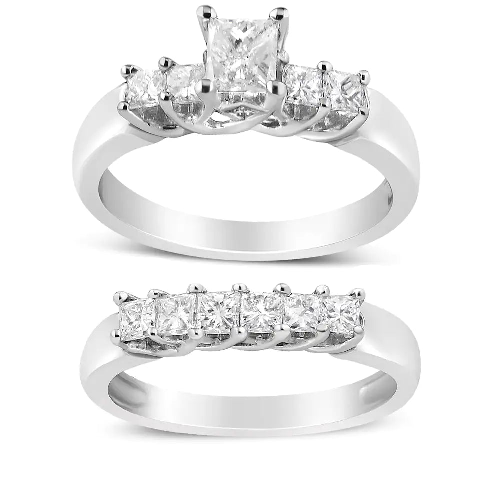 14K White Gold 1 1/2 Cttw 5 Stone Princess Diamond Engagement Wedding Ring Set (H-I Color, SI2-I1 Clarity) WEM Support (www.WEM.support)