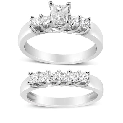 14K White Gold 1 1/2 Cttw 5 Stone Princess Diamond Engagement Wedding Ring Set (H-I Color, SI2-I1 Clarity) WEM Support (www.WEM.support)