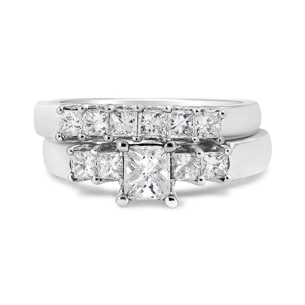 14K White Gold 1 1/2 Cttw 5 Stone Princess Diamond Engagement Wedding Ring Set (H-I Color, SI2-I1 Clarity) WEM Support (www.WEM.support)