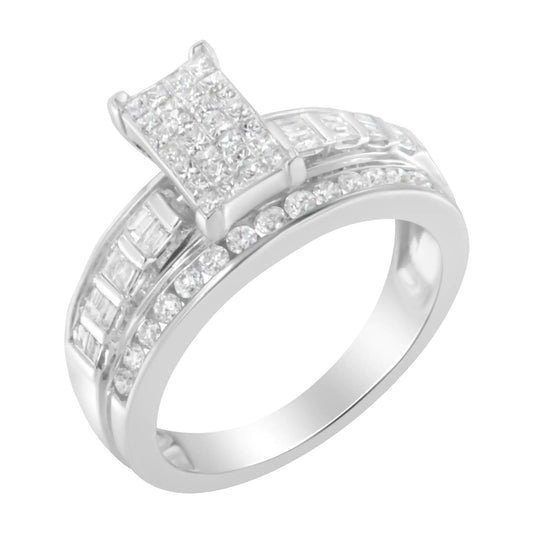 14K White Gold 1.0 Cttw Mixed-Cut Diamond Rectangle Invisible-Set Composite Cluster Ring with Bar- and Channel-Set Band (H-I Color, SI2-I1 Clarity) WEM Support (www.WEM.support)
