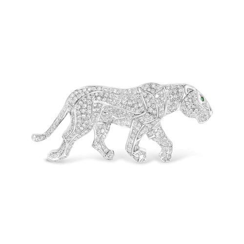 18K White Gold 2mm Green Round Emerald and 2 1/2 Cttw Diamond Panther Brooch Pin (H-I Color, SI1-SI2 Clarity) WEM Support (www.WEM.support)
