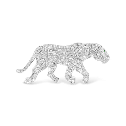 18K White Gold 2mm Green Round Emerald and 2 1/2 Cttw Diamond Panther Brooch Pin (H-I Color, SI1-SI2 Clarity) WEM Support (www.WEM.support)
