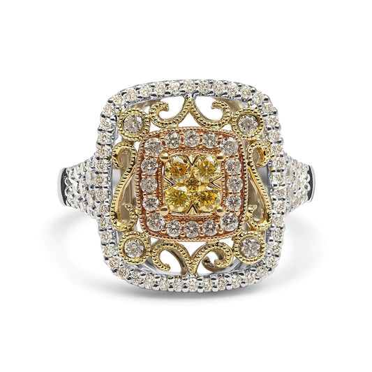 14K Tri-Toned Gold 1.00 Cttw Yellow Diamond Halo and Milgrain Cocktail Cluster Ring (Yellow/G-H Color, SI1-SI2 Clarity) - Ring Size 7 WEM Support (www.WEM.support)