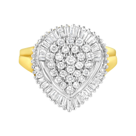 10K Yellow Gold 1.0 Cttw Round and Baguette Cut Diamond Oval Shaped Cluster Ring (I-J Color, I1-I2 Clarity) WEM Support (www.WEM.support)