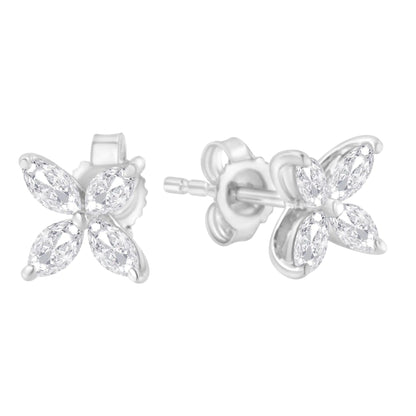 14K White Gold 3/4 Cttw Marquise Diamond 8 Stone Floral Leaf Stud Earrings (H-I Color, SI1-SI2 Clarity) WEM Support (www.WEM.support)