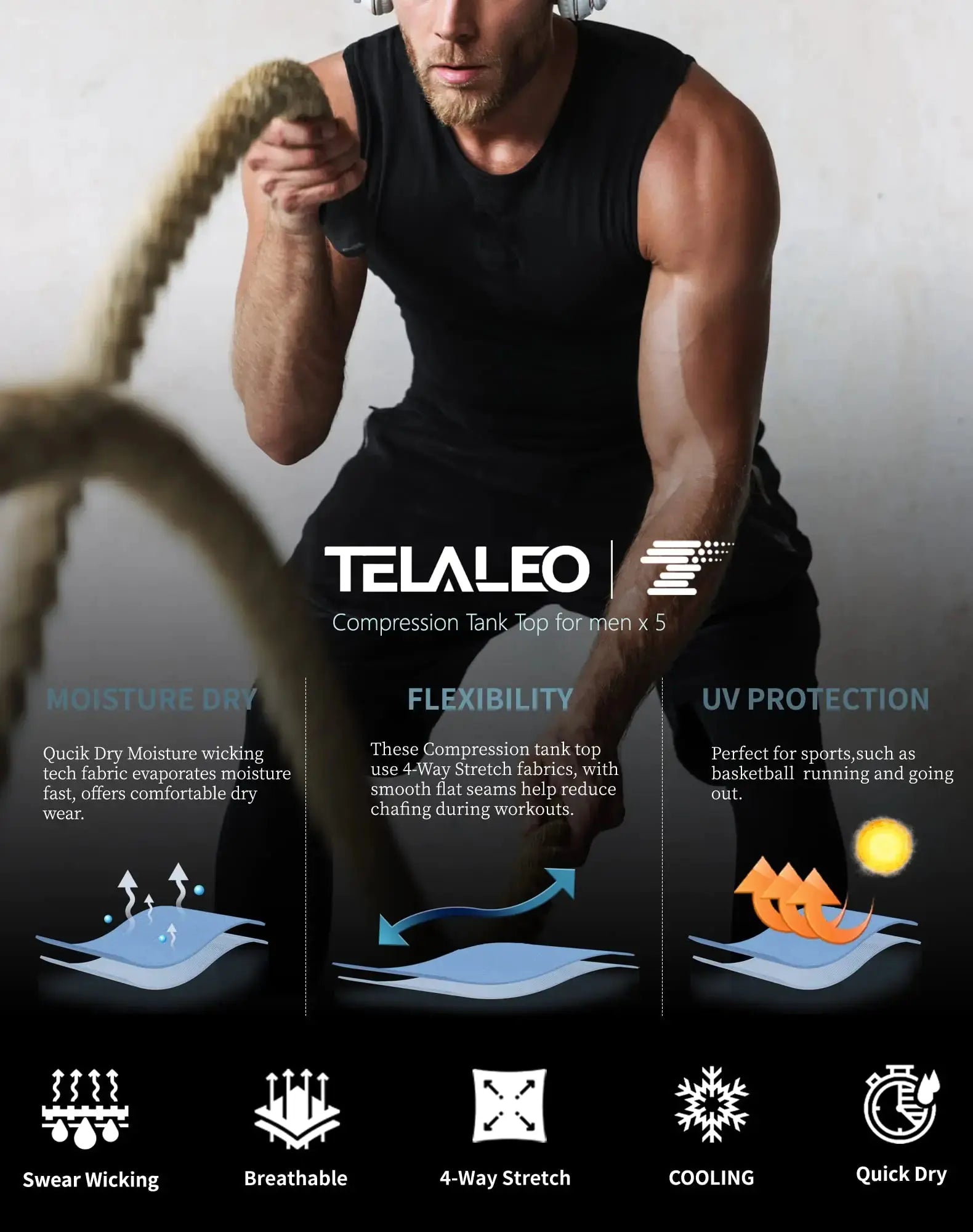 TELALEO 5 Pack Men's Athletic Compression Shirts Sleeveless Workout Tank Top Sports Base Layer Running Basketball Black/White(five Pack) Medium My Store