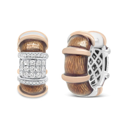 18K White and Rose Gold Flash Plated .925 Sterling Silver Clear Brown Enamel 1/6 Cttw Round Diamond Huggie Hoop Earrings (F-G Color, VS1-VS2 Clarity) WEM Support (www.WEM.support)