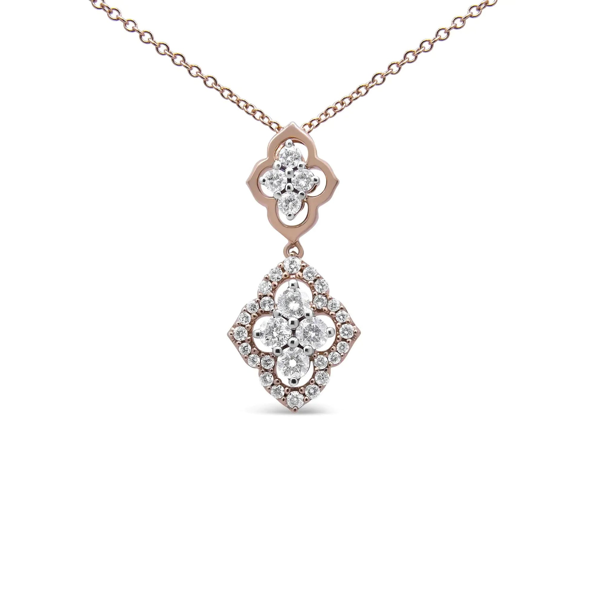 14K Rose Gold 3/4 Cttw Round Diamond Double Quatrefoil Pendant 18" Necklace (H-I Color, I1-I2 Clarity) WEM Support (www.WEM.support)