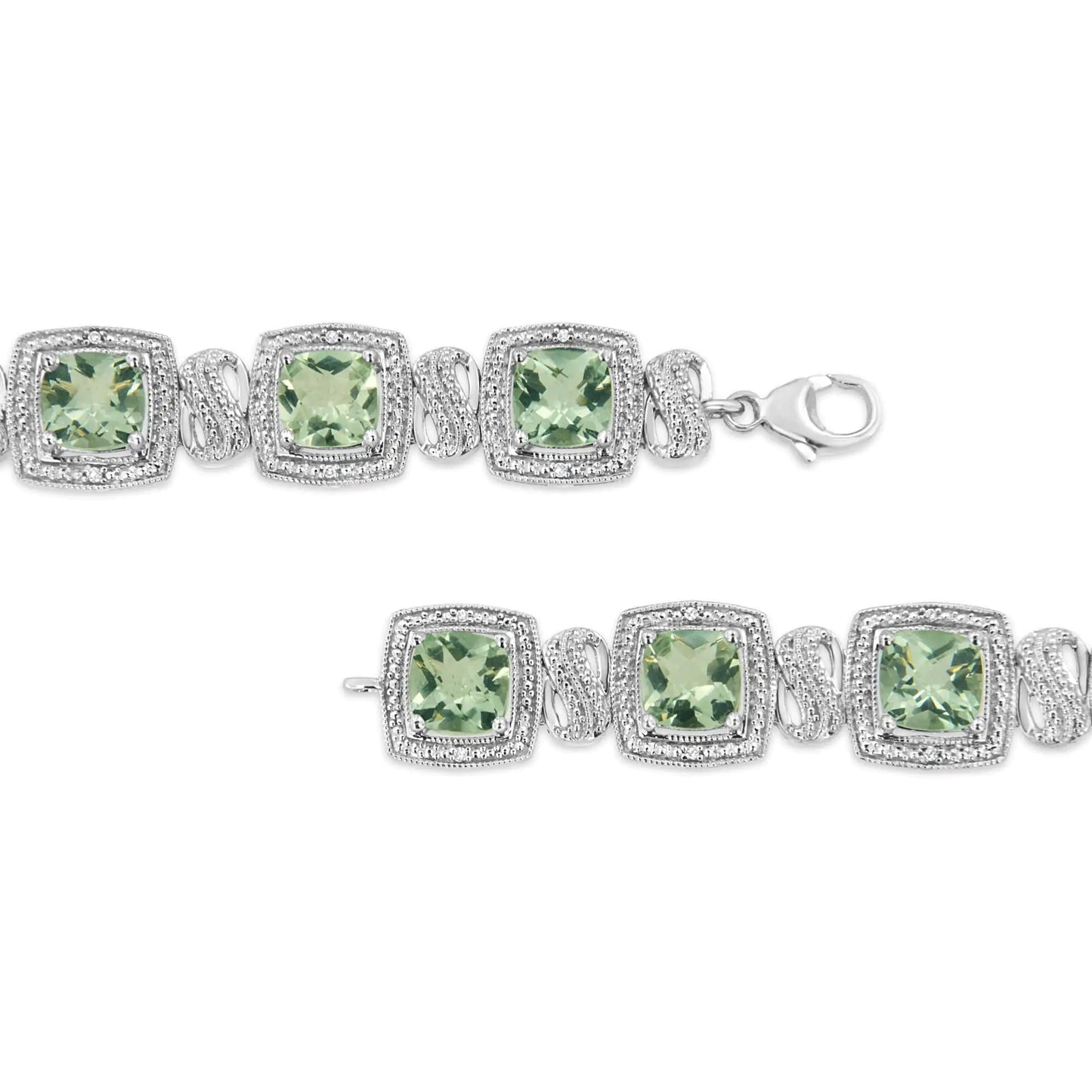 .925 Sterling Silver 7x7 mm Cushion Cut Green Amethyst and 1/10 cttw Single Cut Diamond Square Shape Tennis Bracelet (I-J Color, I1-I2 Clarity) - 7" WEM Support (www.WEM.support)