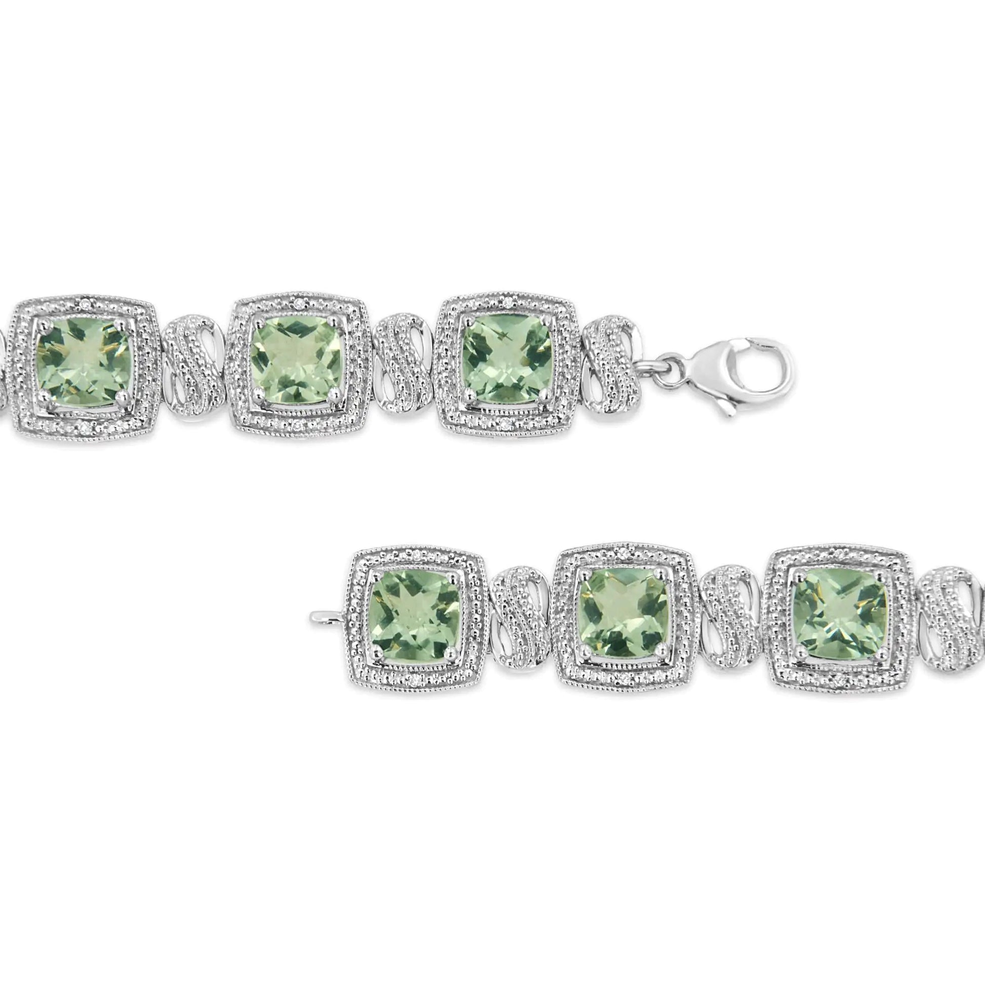 .925 Sterling Silver 7x7 mm Cushion Cut Green Amethyst and 1/10 cttw Single Cut Diamond Square Shape Tennis Bracelet (I-J Color, I1-I2 Clarity) - 7" WEM Support (www.WEM.support)