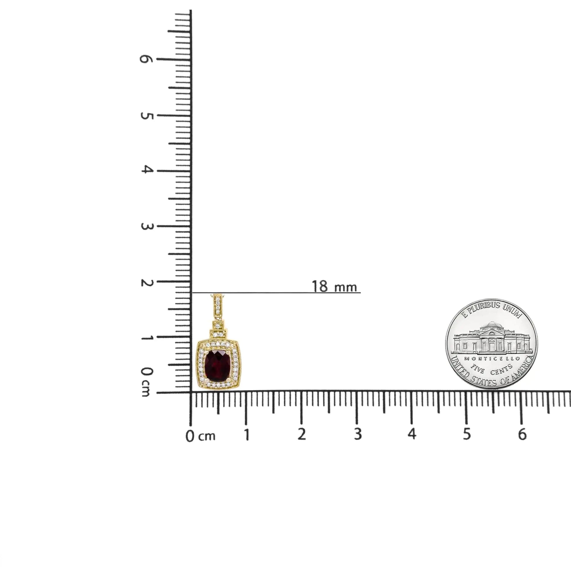 14K Yellow Gold 1/5 Cttw Round Diamond and 9x7mm Cushion Cut Red Garnet Halo 18" Pendant Necklace (H-I Color, VS1-VS2 Clarity) WEM Support (www.WEM.support)