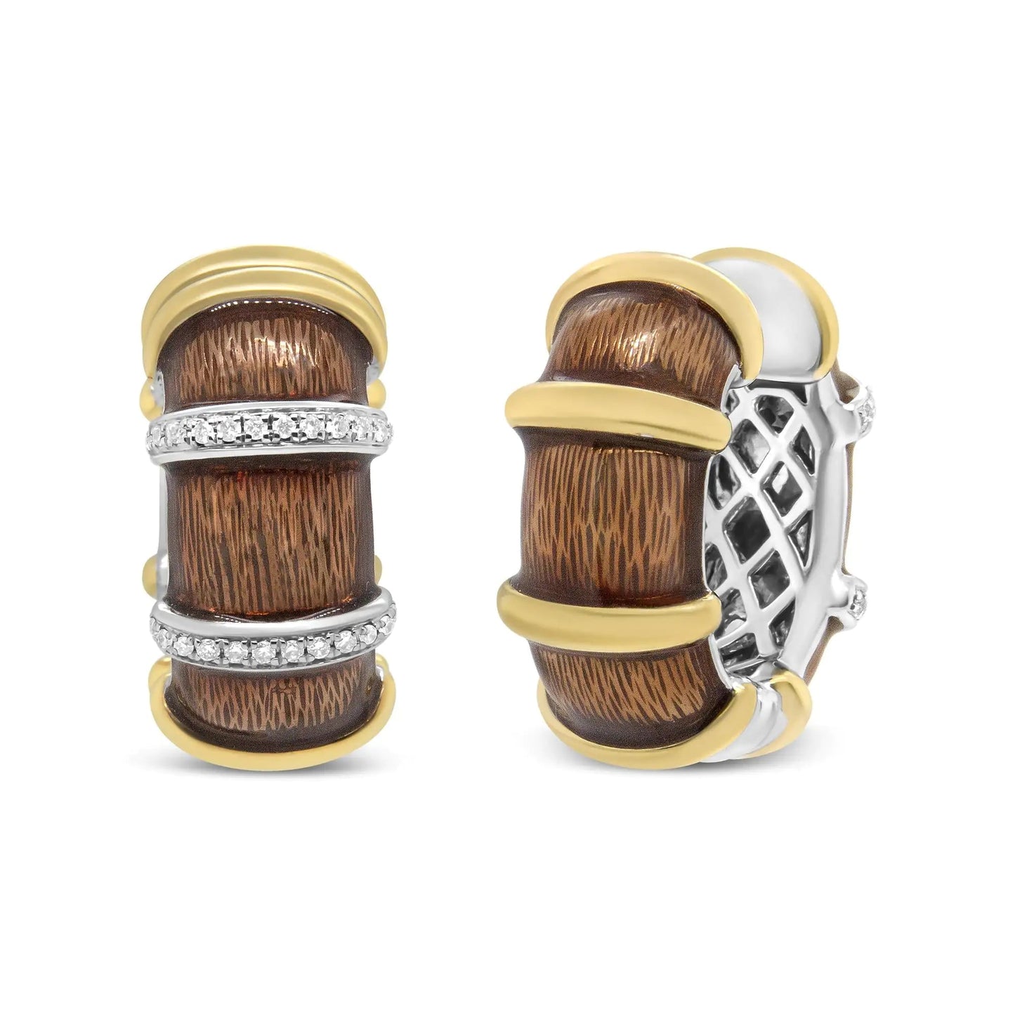18K Yellow and White Gold Flash Plated .925 Sterling Silver Clear Brown Enamel 9/10 Cttw Round Diamonds Huggie Hoop Earrings (F-G Color, VS1-VS2 Clarity) WEM Support (www.WEM.support)