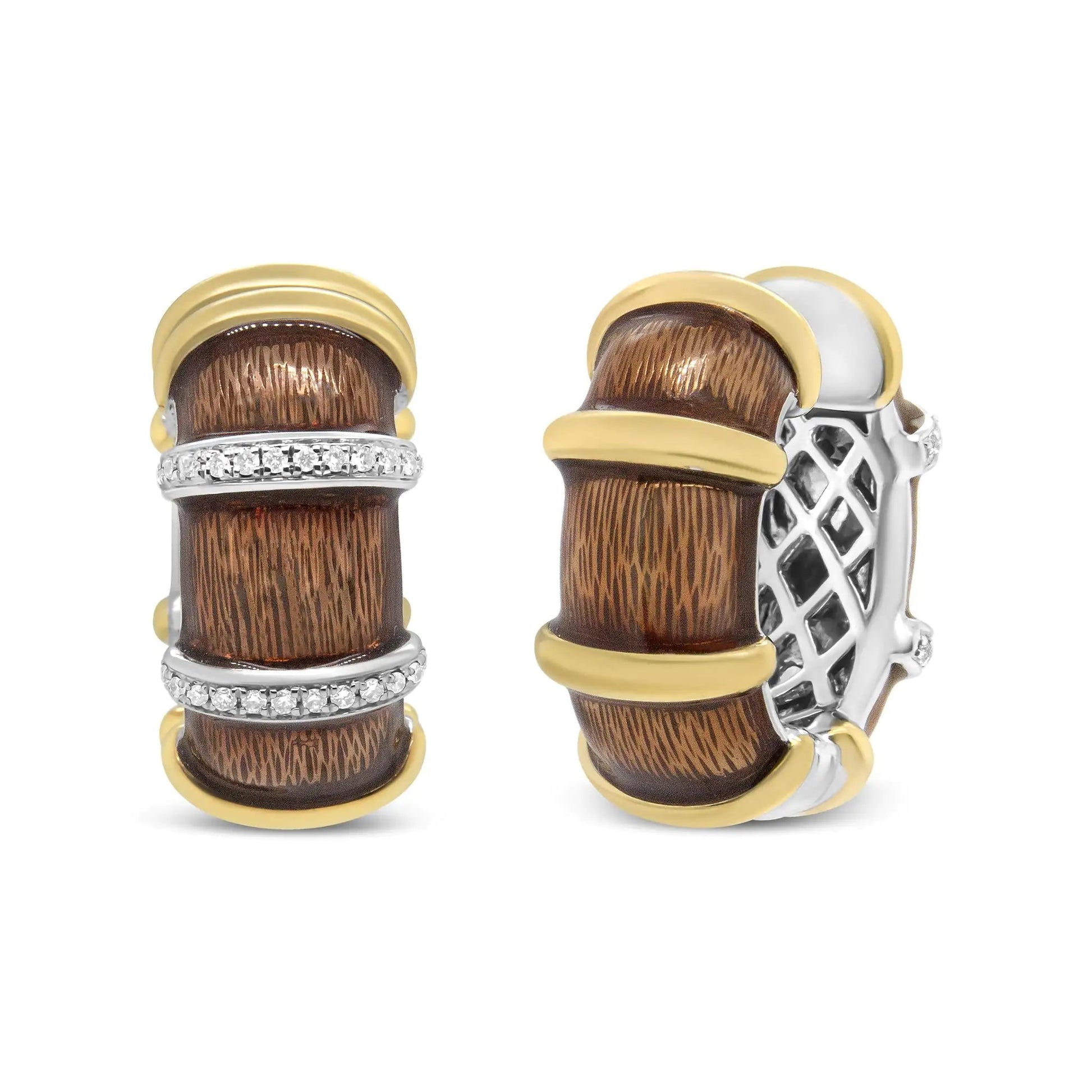 18K Yellow and White Gold Flash Plated .925 Sterling Silver Clear Brown Enamel 9/10 Cttw Round Diamonds Huggie Hoop Earrings (F-G Color, VS1-VS2 Clarity) WEM Support (www.WEM.support)