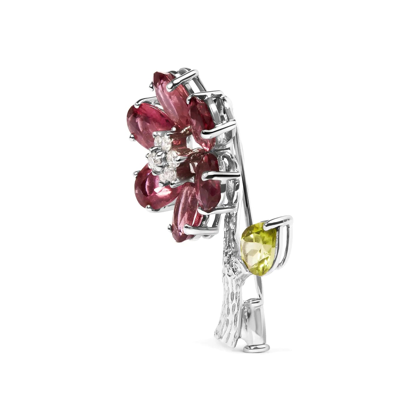 18K White Gold 1/3 Cttw Diamond, Pink Tourmaline, and Green Peridot Flower and Leaf Tulip Brooch Pin (H-I Color, VS2-SI1) WEM Support (www.WEM.support)