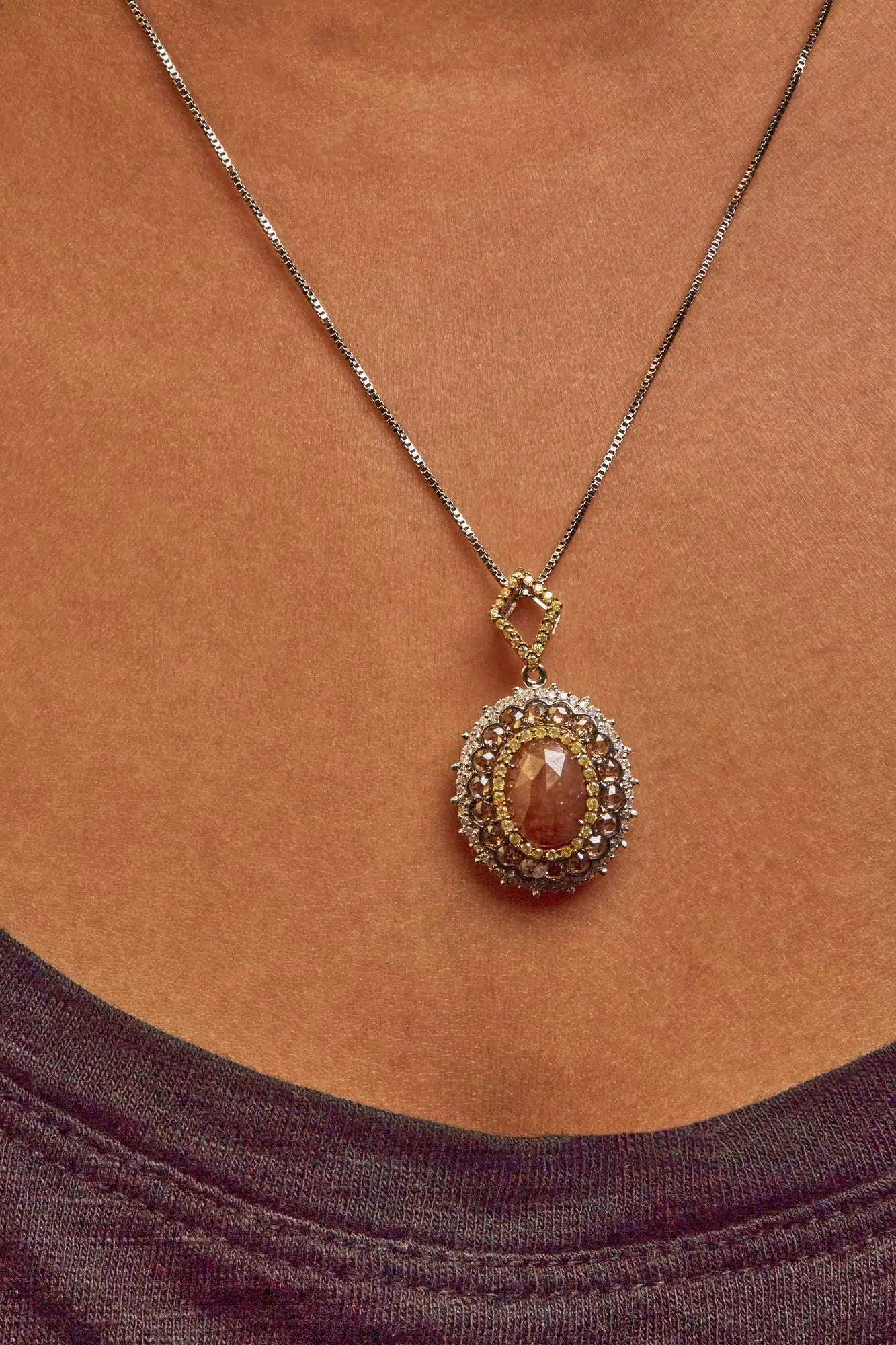14K White Gold 3.00 Cttw Rose Cut Fancy Colored Diamond Triple Halo 18" Inch Pendant Necklace (Fancy Color, I2-I3 Clarity) WEM Support (www.WEM.support)