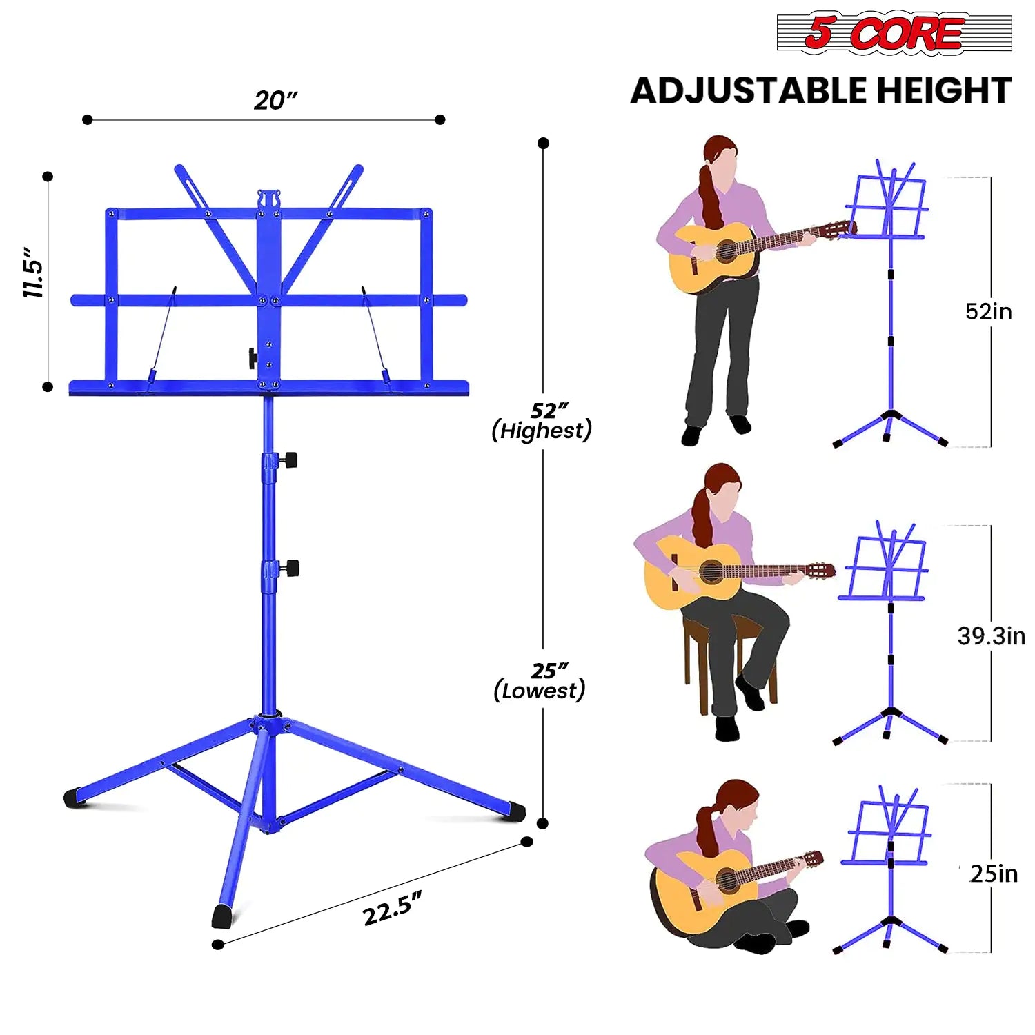 Suporte de Música 5Core para Partituras Portátil Tripé Ajustável Dobrável Porta-Notas AZUL WEM Support (www.WEM.support)