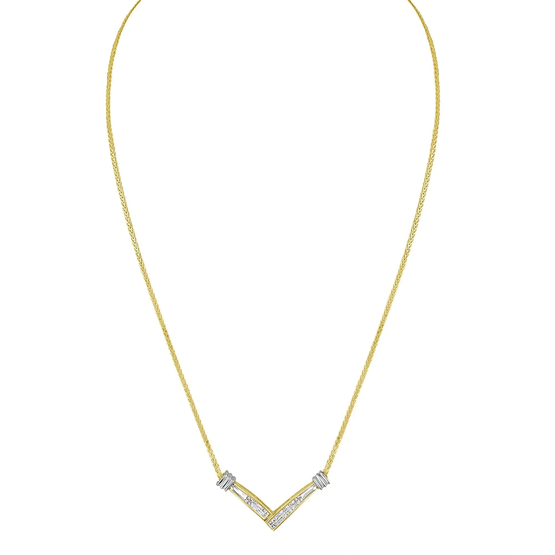 14K Yellow and White Gold 1/4 Cttw Princess Cut Diamond Channel-Set “V” Shape 18" Pendant Necklace (H-I Color, SI2-I1 Clarity) WEM Support (www.WEM.support)