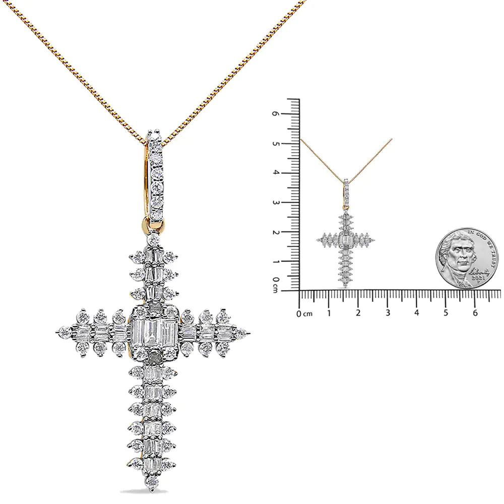 10K Yellow Gold 7/8 Cttw Round & Baguette Diamond Zigzag Pattern Cross Pendant Necklace (H-I Color, SI2-I1 Clarity) - NO CHAIN INCLUDED WEM Support (www.WEM.support)