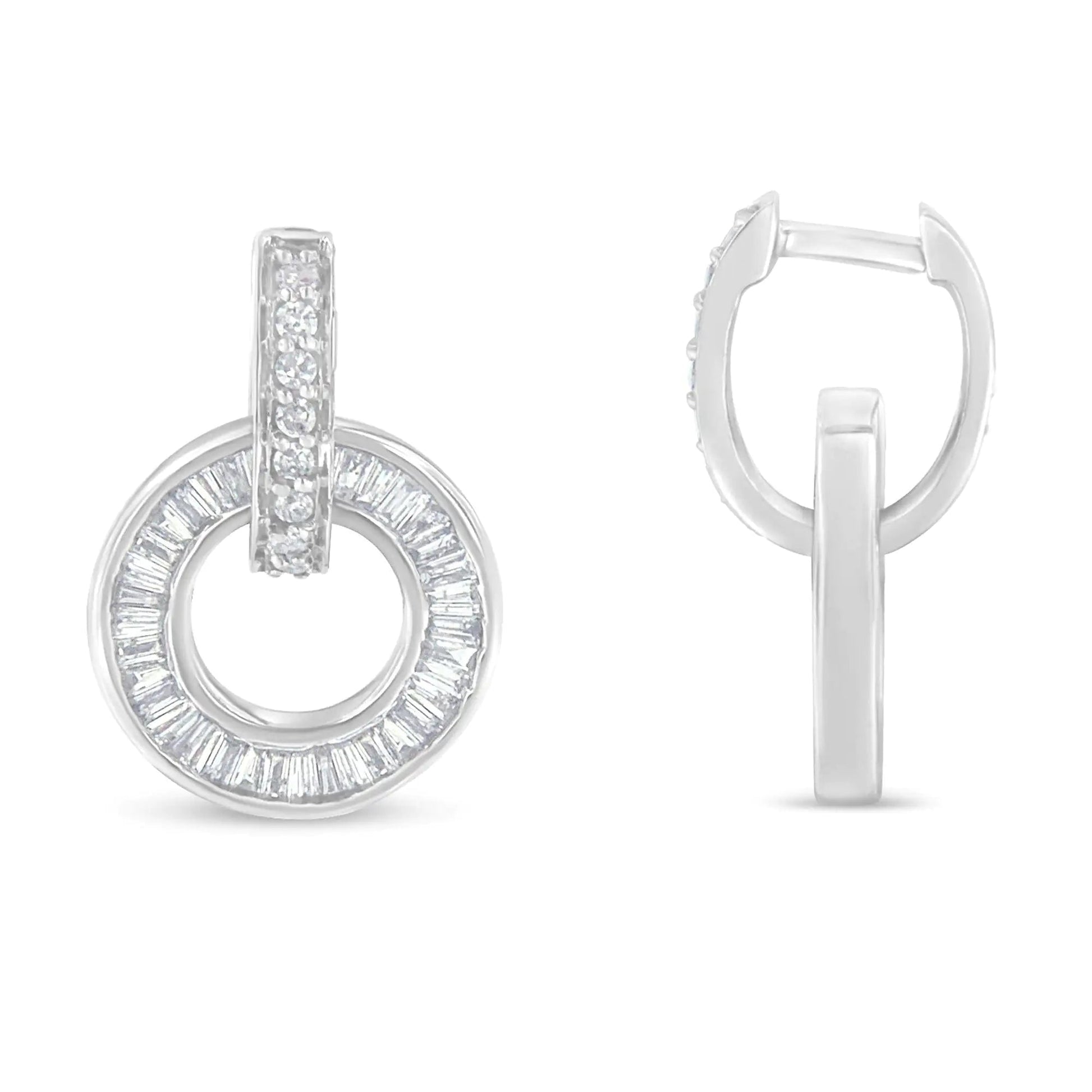 14k White Gold Round and Baguette Cut Diamond Earrings (1 cttw, G-H Color, SI1-SI2 Clarity) WEM Support (www.WEM.support)