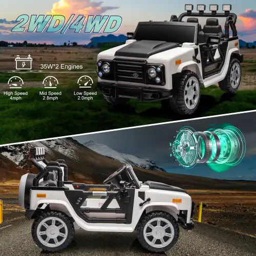12v7a 30wX2 Tração nas Quatro Rodas com Assentos de Couro, Partida com Um Botão, Marcha Frente e Ré, Velocidades Alta e Baixa, Música, Faróis, Display de Energia e Duas Portas que Podem Ser Abertas WEM Support (www.WEM.support)