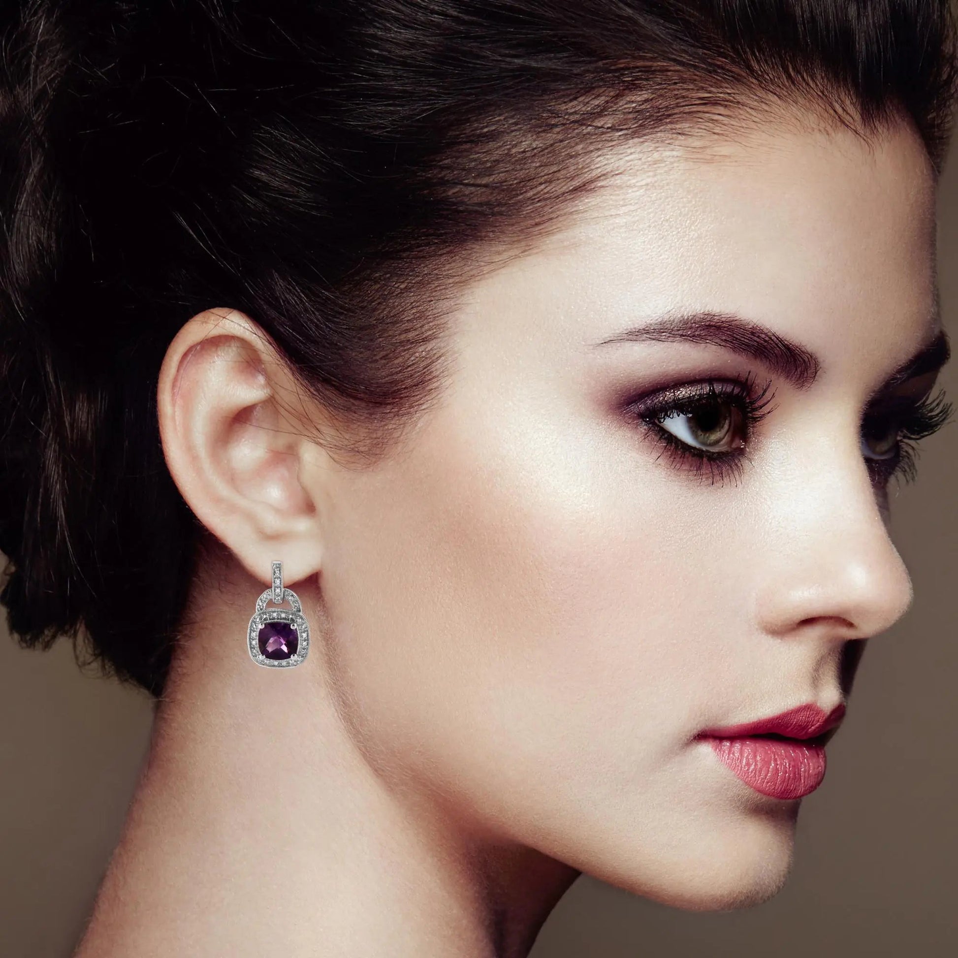 .925 Sterling Silver 8MM Natural Cushion Shaped Amethyst and Diamond Accent Halo with Push Back Dangle Earrings (I-J Color, I2-I3 Clarity) WEM Support (www.WEM.support)