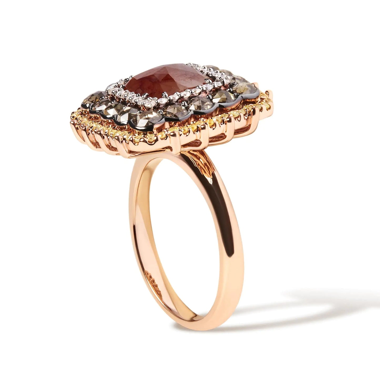 14K Rose Gold 4 1/3 Cttw Fancy Color Rose Cut Diamond Triple Halo Cocktail Ring (Fancy Color, I1-I2 Clarity) - Size 7 WEM Support (www.WEM.support)