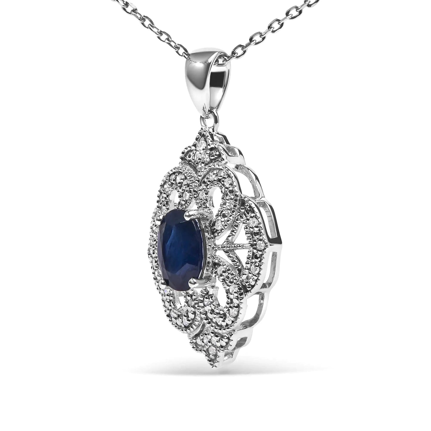 .925 Sterling Silver 7x5 MM Oval Blue Sapphire and Diamond Accent Art Deco Style Shield Shaped 18" Pendant Necklace (I-J Color, I3 Clarity) WEM Support (www.WEM.support)