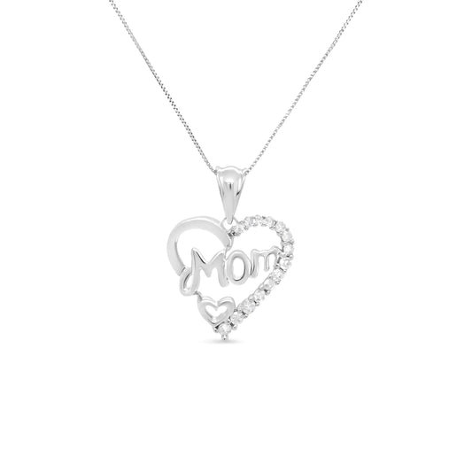 .925 Sterling Silver 1/4 Cttw Round Diamond "Mom" Openwork Heart Pendant 18" Necklace (I-J Color, I2-I3 Clarity) WEM Support (www.WEM.support)