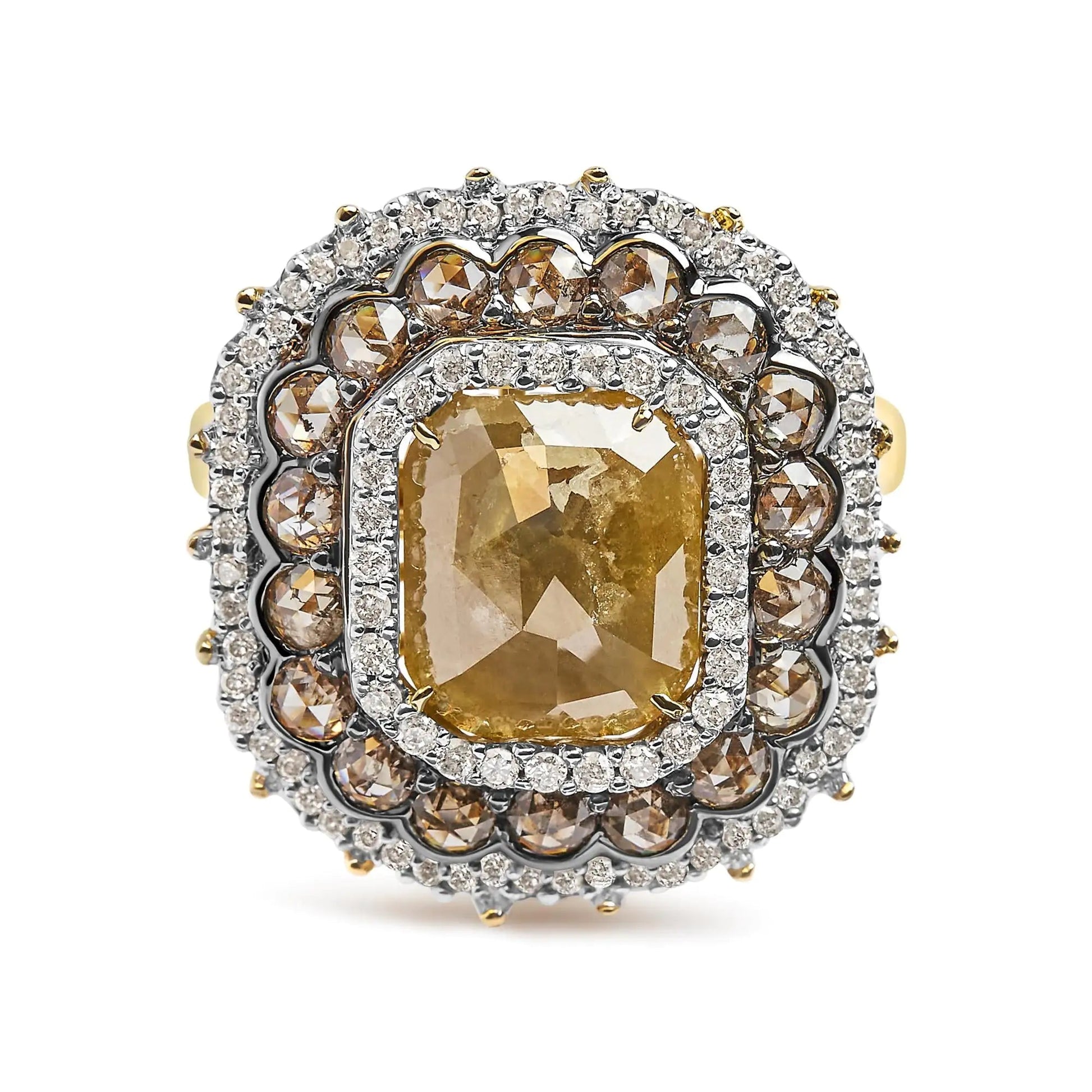 14K Yellow Gold 4 1/4 Cttw Rose Cut Emerald Diamond Triple Halo Cocktail Ring (Fancy Color, I1-I2 Clarity) - Size 7 WEM Support (www.WEM.support)