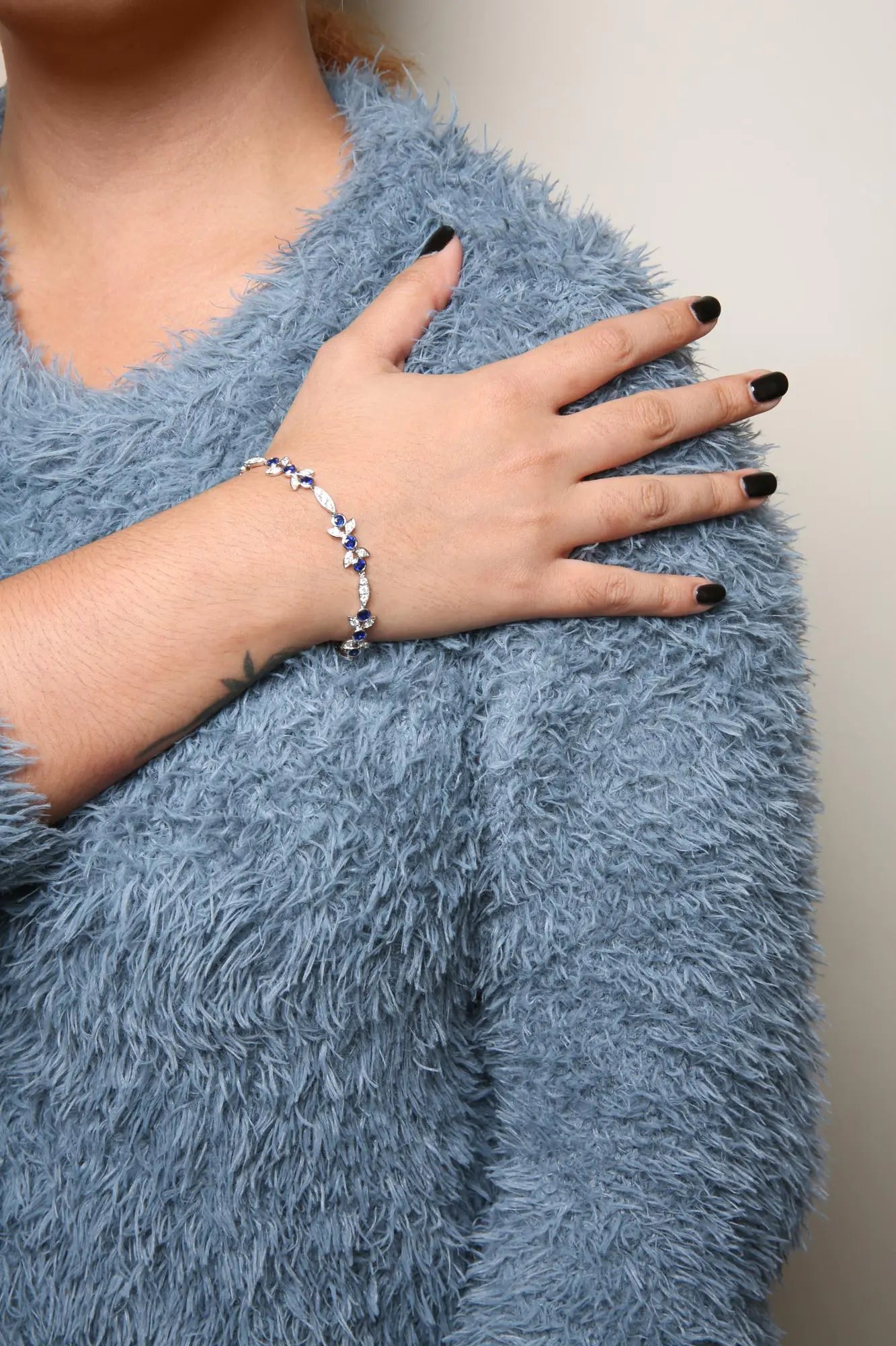 18K White Gold 1 3/4 Cttw Diamond and 3x3mm Round Blue Sapphire Gemstone Floral Link Bracelet (G-H Color, SI1-SI2 Clarity) - Size 7" WEM Support (www.WEM.support)